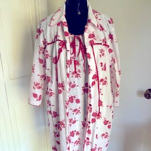 Red and white floral nightgown and robe set